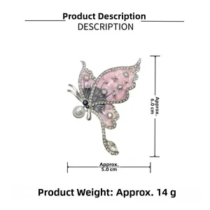 Detailed view of butterfly brooch with dimensions 6.0cm x 5.0cm and 14g weight spec