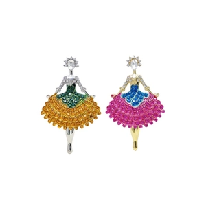 Elegant ballerina brooch with colorful rhinestones on a minimalist white background