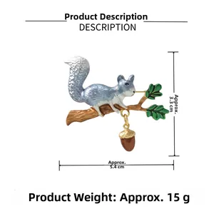 Detailed size and weight view of a cute squirrel brooch with light blue finish and acorn