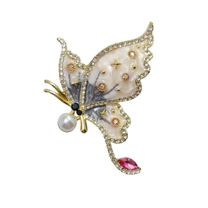 Elegant gold butterfly brooch with rhinestones, enamel wings, pearl and pink crystal