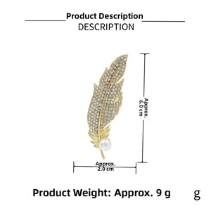 Detailed size specifications for the silver feather brooch with rhinestones and pearl