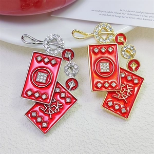 New Chinese Style Alloy Rhinestone Brooch Red Envelope Mahjong Design Festive Fortune Character Enamel Brooch For Women Men
