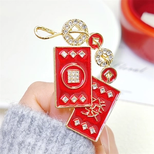 Golden Chinese Red Envelope Brooch with Rhinestone Coin Accents for New Year Gifts
