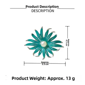 Détails de la broche fleur en émail sarcelle avec perle, dimensions de 5,5 cm x 4,5 cm