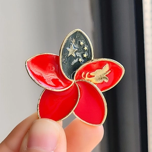 Exquisite five-petal flower brooch with stars and dove enamel detail in red and gold