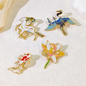 Vintage Chinese Style Enamel Koi Deity Deer Lotus Crane Brooch Alloy Metal Lapel Pin Traditional Cultural Accessory For Clothing