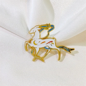 Chinese style koi deer enamel brooch pin with golden metal alloy frame on white silk