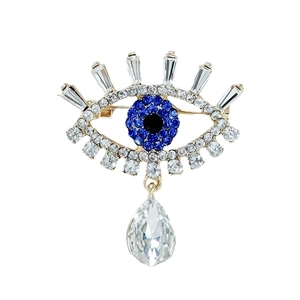 Luxurious gold evil eye brooch with blue rhinestones and a pear-shaped drop pendant