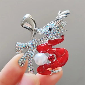 Broche en Alliage de Dragon Caractère Fu Style Chinois Avec Émail Rouge Strass et Fausse Künstliche Perle Bijou Cadeau Pour Femme