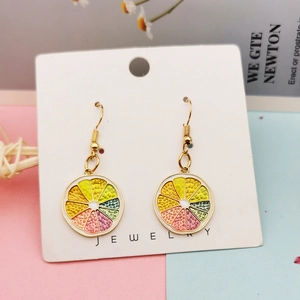 Boucles d'oreilles pendantes rondelles de citron en alliage doré et émail coloré