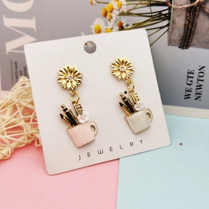 Daisy flower and cup pendant earrings in pink and white alloy drip oil jewelry