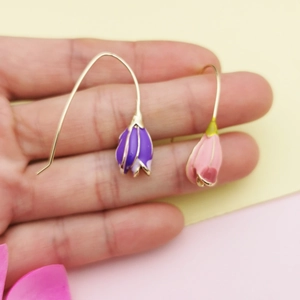 Elegant tulip flower drop earrings in purple and pink enamel with long gold curved hooks