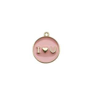 Ciondolo a cuore in smalto rosa con bordo dorato e incisione I Love You per gioielli