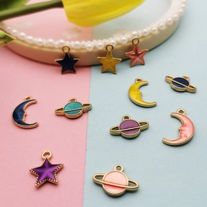 Star and moon alloy charms for DIY jewelry making with colorful enamel and gold plating