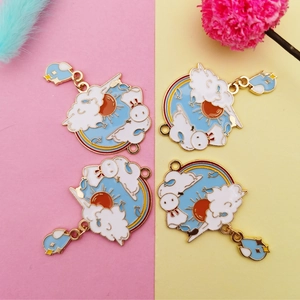 DIY Teru Teru Bozu Emaille-Anhänger mit blauen Vögeln und Goldrand im 4er-Set