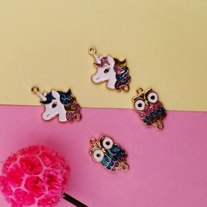 DIY colorful enamel unicorn and owl charms with dual connectors for jewelry making