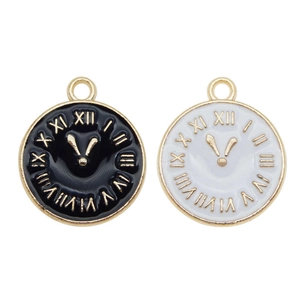 Dual set of gold round clock pendants with Roman numerals in black and white enamel