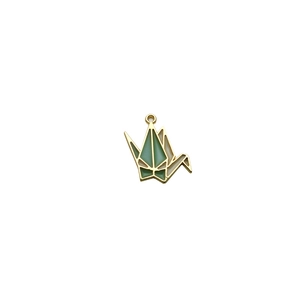 Origami crane pendant with gold plating and green enamel for DIY jewelry making
