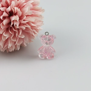 Roze beer hanger van hars met gekleurde glitters en zilveren ring voor DIY sieraden