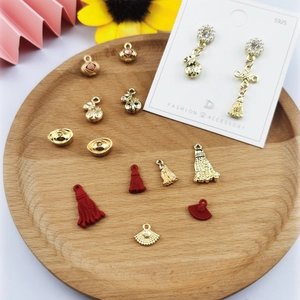 Chinese Style DIY Jewelry Pendants Alloy Red Gold Fan Chinese Knot Tassel Fortune Bag With 925 Sterling Silver Earring Post