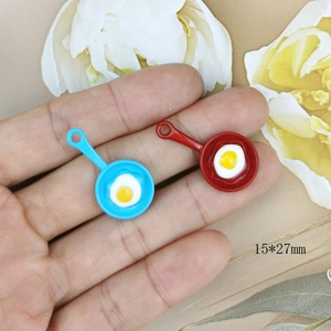 Miniature fried egg pan pendant diy alloy jewelry accessory in blue and red 15x27mm