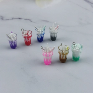 Set of 7 colorful miniature resin ice cream soda pendants with cream tops and metal rings