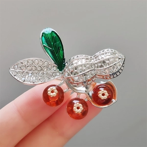 Broche Cacahuète en Alliage Vintage pour Femme Strass Haut de Gamme Feuille Émaillée Accessoires de Costume Plaqué Or Argent Bijoux