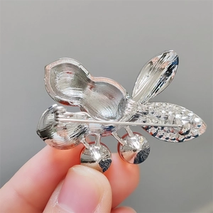 Détail d'une broche cacahuète argentée avec strass, perles rouges et épingle