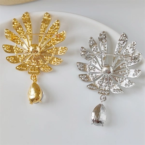 Detailed back view of flower brooches with secure rotating pins and teardrop charms