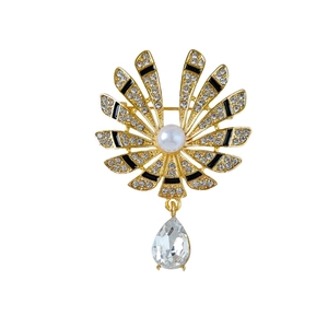Elegant gold fan-shaped flower brooch with rhinestones, pearl, and crystal drop pendant