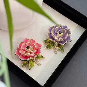 Broche Fleur de Pivoine en Émail Élégante pour Femmes Alliage Strass Floral Épingle de Poitrine Style Chinois Mariage Bijoux