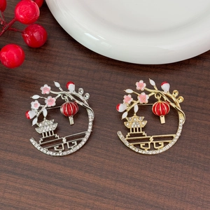 Chinese Vintage Enamel Plum Blossom Lantern Brooch Alloy Rhinestone Pavilion Breastpin For Women Hanfu Accessories Jewelry