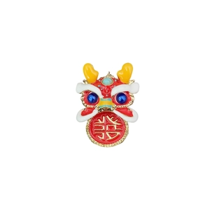 Traditional Chinese red lion dance brooch with golden lucky character and enamel finish