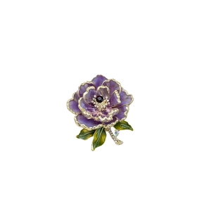 Broche pivoine exquise aux pétales dégradés violets et bordure dorée pour robes chic
