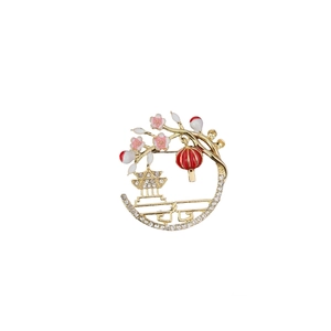 Chinese style vintage brooch with red lantern and golden pavilion architecture design