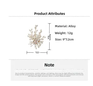 Detailed view of pearl firework brooch with alloy filaments and dimensions 9x7.2cm