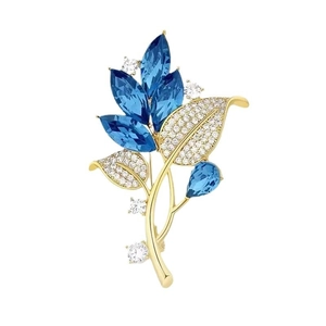 Eleganter Gold-Kristall-Blattbrosche mit navyblauen Marquise-Steinen und weißen Zirkonia