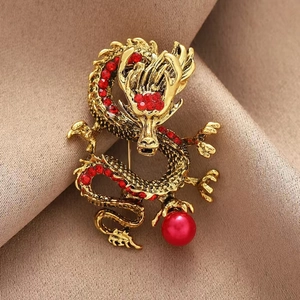 Spilla a Forma di Dragone in Stile Cinese Vintage in Lega con Strass e Perla Artificiale per Abiti e Cappotti Gioielli Donna Uomo