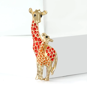 Goldene Giraffen-Brosche für Mutter und Kind mit roter Emaille und schwarzen Akzenten