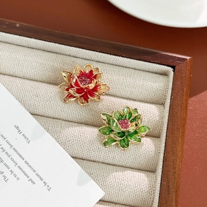 Exquisite green and red lotus flower brooches with gold edges in a luxury wooden box