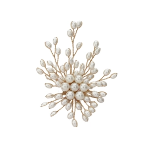Elegant gold wire firework brooch with white pearls and floral spray design