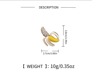 Détails et dimensions de la broche banane avec cristaux hauteur 3,8 cm et poids 10g