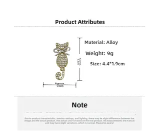 Detailed size specifications of a crystal cat brooch with 4.4cm height and 9g weight