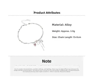 Détail du bracelet cœur rose avec perle et nœud, chaîne en alliage réglable de 15+5cm