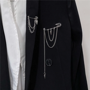 Punk Style Silver Alloy Safety Pin Brooch With Metal Chains And Cone Pendants Industrial Design Suit Accessory For Unisex Daily Wear