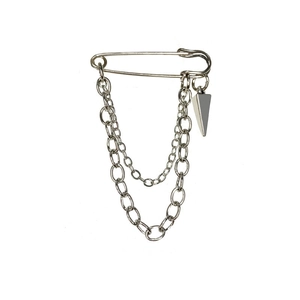 Silver punk style safety pin brooch with double layered chains and pyramid pendant