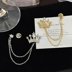 British style crown brooch with hanging chain tassels in gold and silver finish