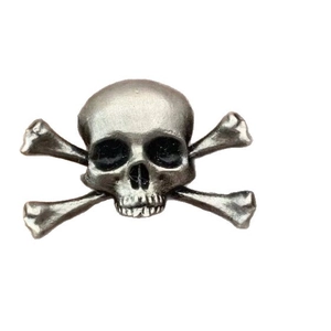 Vintage silver skull and crossbones brooch with retro metallic texture for Halloween costumes