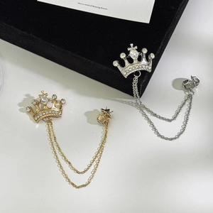 British style crown brooch with hanging chains and crystals for suits in gold and silver