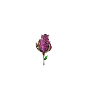 Luxury vintage rose bud brooch with pink crystals and green leaf on rose gold metal
